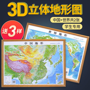 学生用地形图2023年共2张中国和世界地形图 3d立体凹凸地图挂图 约58*43cm三维浮雕地图地理地势地貌初高中学生教学家用墙贴