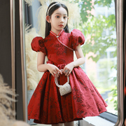 女童红色礼服小主持人生日公主裙，高级感儿童，花童国风中式走秀旗袍