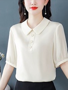 法式娃娃领短袖衬衫女2023年夏季名媛气质女神范洋气(范洋气)纯色上衣