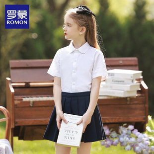 罗蒙女童纯棉半袖白色衬衫，夏小学生表，演出校服儿童短袖衬衣学院风