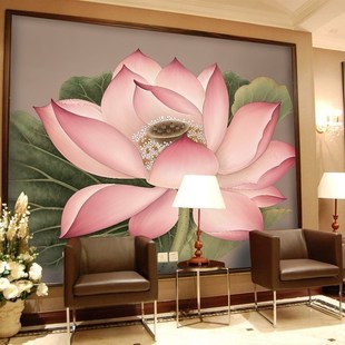 中式花鸟荷花壁纸大型壁画背景，电视影视墙纸客厅沙发美容院墙纸