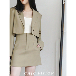 chicvision定制高级感!春秋精纺羊毛宽松短款西装外套短裙套装