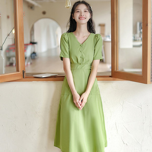 夏季绿色小清新纯色简约收腰显瘦绑带口袋连衣裙