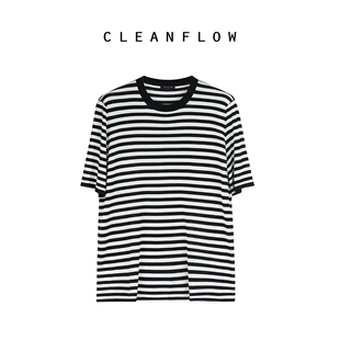 cleanflow黑白细条纹桑蚕真丝，小圆领超薄短袖针织t恤女夏