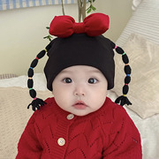 婴儿帽子可爱小辫子羊绒棉加厚保暖男女宝宝新生儿护囟门胎帽秋冬