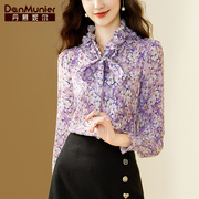 丹慕妮尔紫色法式碎花真丝衬衫女春季荷叶边桑蚕丝长袖上衣