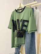 100%纯棉设计感字母贴布刺绣短袖t恤女夏季韩版宽松学生减龄上衣