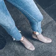 日本HG裸灰色短靴女粗跟2020秋冬漆皮马丁靴女高跟及踝靴