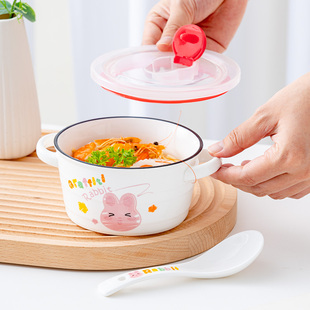 儿童陶瓷米饭碗双耳碗带盖动物卡通学生，专用单人碗ins耐高温餐具