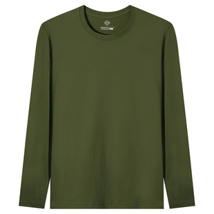 纯棉长袖t恤男基础款，纯色秋季打底衫宽松内搭薄款圆领上衣军绿色