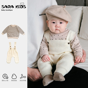婴儿春装宝宝套装婴幼儿北欧风纯色针织背带裤条纹毛衣两件套