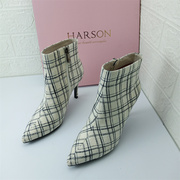 哈森品牌女士时装格子布优雅小香风时装尖头细跟短靴捡漏女靴