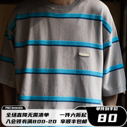 凉感PSO Brand14针针织方块LOGO款拼色条纹短袖T恤男夏季半袖
