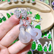 s925纯银锆石耳扣镶嵌天然和田冰种白玉环环相扣气质奢华女士饰品