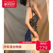 法式复古女玫瑰牛仔蓝印花连衣裙拼接蕾丝显瘦吊带仙女长裙