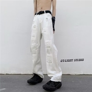 白色破洞牛仔裤男高街设计感小众直筒裤，潮牌vibe美式痞帅微喇长裤
