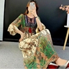 夏季新疆民族风刺绣连衣裙，女收腰显瘦七分袖棉绸复古文艺碎花长裙