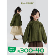 olamimi定制2023秋亲子法式甜美森系果绿色纯棉木耳边娃娃衫衬衫