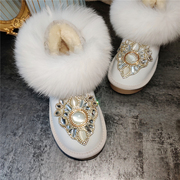 2023女加绒保暖防水白色雪地靴，狐狸毛重工(毛重工)棉靴短筒水钻牛皮鞋