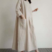 2021日韩大码女装棉麻，连衣裙中长款文艺复古长袖，森女大码裙子