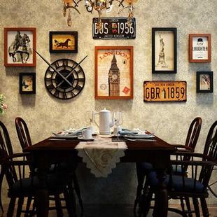 美式复古照片墙装饰创意鹿头相框，墙带钟表组合餐厅，背景相片墙挂饰