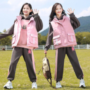 女童秋冬季套装2023韩版女孩，加绒加厚卫衣，马甲冬装运动三件套