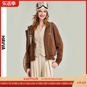 havva2024春季拉链卫衣外套，女短款连帽开衫长袖上衣w3-1898