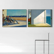 霍普风景装饰画靠海的房间，现代客厅小众复古油画横版艺术人物挂画