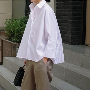 夏装长袖衬衫女韩版宽松大码纯棉白色，斗篷型蝙蝠袖时尚衬衣潮