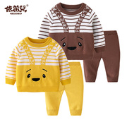 婴儿毛衣男女宝圆领条纹小熊上衣新生婴幼儿针织棉纱线衣两件套装