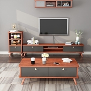 北欧风格极简电视柜茶几，组合背景墙装饰吊柜，小户型茶几实木板