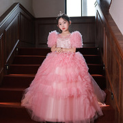 童冬季裙模特走秀礼服女粉色欧美风儿童钢琴演出服装拖尾花童公主