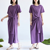 腰间系带设计感棉质短袖连衣裙圆领长裙文艺宽松两种穿法优雅紫