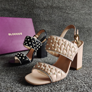 BLOCCO5断码真皮女鞋露趾粗高跟一字带欧美夏季凉鞋甜美
