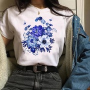 floral print tee植物花卉印花潮酷打底大码性感欧美短上衣T恤女