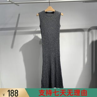 令麦檬2024春季显瘦X型圆领无袖条纹灰色针织连衣裙5F2190991