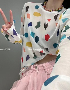 JVVSISTER彩色网纱冰丝长袖T恤女夏季透明防晒薄款上衣2023潮