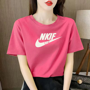 纯棉短袖t恤女2023丅恤中年夏季玫瑰红上衣夏款半袖打底衫土