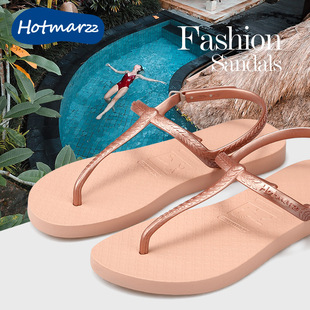 hotmarzz黑玛夹脚凉鞋女款夏季平底软底时尚，罗马夹板沙滩凉拖鞋