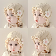 秋冬季婴儿帽子女宝宝洋气花边遮阳帽婴幼儿女童渔夫帽花朵套头帽