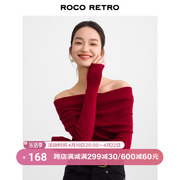 roco2024春季超细羊毛，纱线一字肩露肩针织，红色显白毛衣上衣