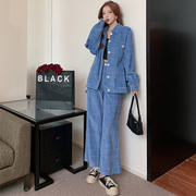 韩版潮流网红高级感休闲时尚运动套装，女满印蓝色外套长裤
