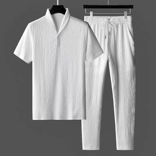 夏季时尚潮流褶皱两件套 男士棉麻短袖T恤青果领白色休闲运动套装