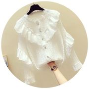 立领雪纺上衣长袖，女蕾丝荷叶边白色衬衣，韩版秋季洋气小衫衬衫