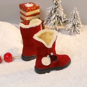 女童雪地靴2023冬季棉鞋，加绒加厚靴子防滑软底红色儿童棉靴女