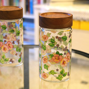韩式耐热玻璃密封罐家用相思木储物罐螺纹密封瓶口透明蜂蜜茶叶罐