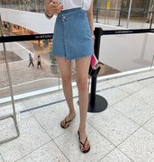 韩国东大门网红时尚不对称斜扣开叉包臀显瘦高腰牛仔裙夏短裙裤