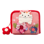 日本插画kine猫可爱花朵猫棉布帆布艺，女零钱包日本财布短款钱包