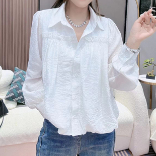 韩版时尚木耳边白色衬衫，上衣女2024秋季宽松显瘦百搭休闲衬衣