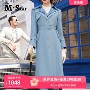 m-star明星系列秋季雾，蓝色风衣外套，女中长款高级感复古收腰